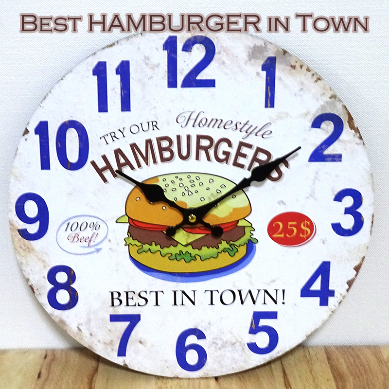 掛時計 Best HAMBURGER in Town ビンテージ ポップ カラフル 壁掛け アメリカン 雑貨 アンティーク おしゃれ 可愛い バー カフェ_画像1