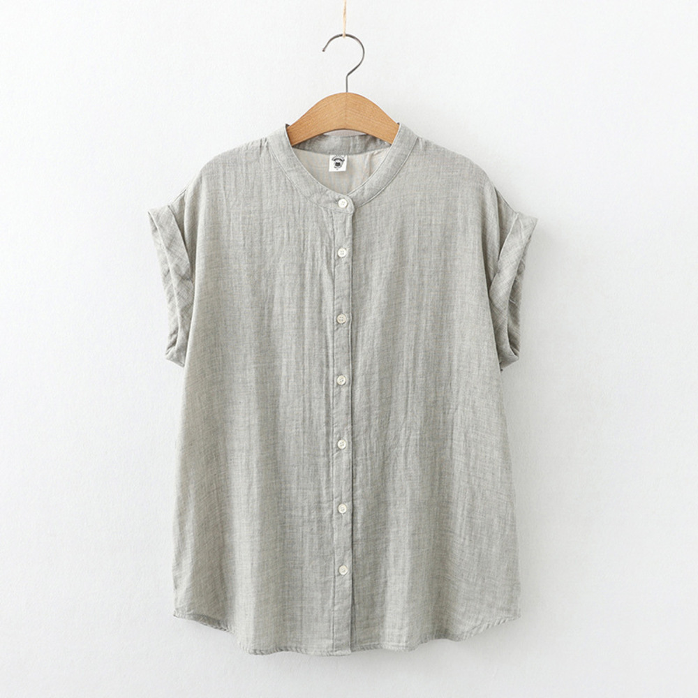 ☆ グレー ☆ Mサイズ ☆ シャツ lysh1301 ブラウス ノースリーブ レディース シャツ レディースシャツ 普段着 部屋着 前開き 立襟 丸首 綿_画像1