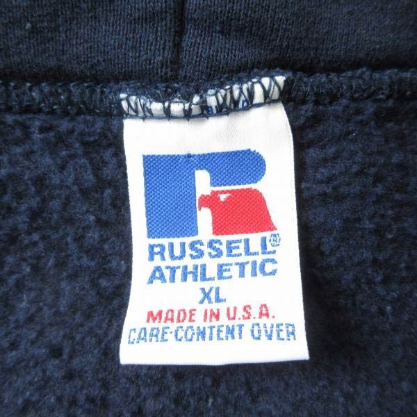 90s USA製 ラッセル 無地 フルジップ スウェット パーカー XL 紺系 トリコ刺繍タグ ブランク ジップ フーディ ビンテージ D152-13-0022ZVW_画像3