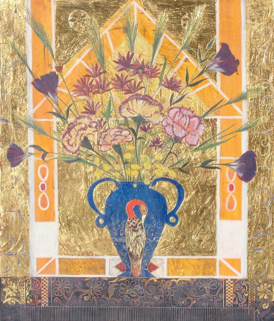 真作保証 髙田龍子『カーネーション』10号 黄金テンペラの世界～個展☆三越☆東急☆東武百貨店など 人気作家 高田龍子_画像2