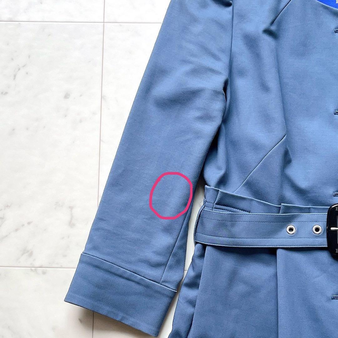 訳あり BURBERRY BLUE LABEL バーバリーブルーレーベル トレンチコート ノーカラー ウエストベルト プリーツ ロゴ ブルー 38_画像3