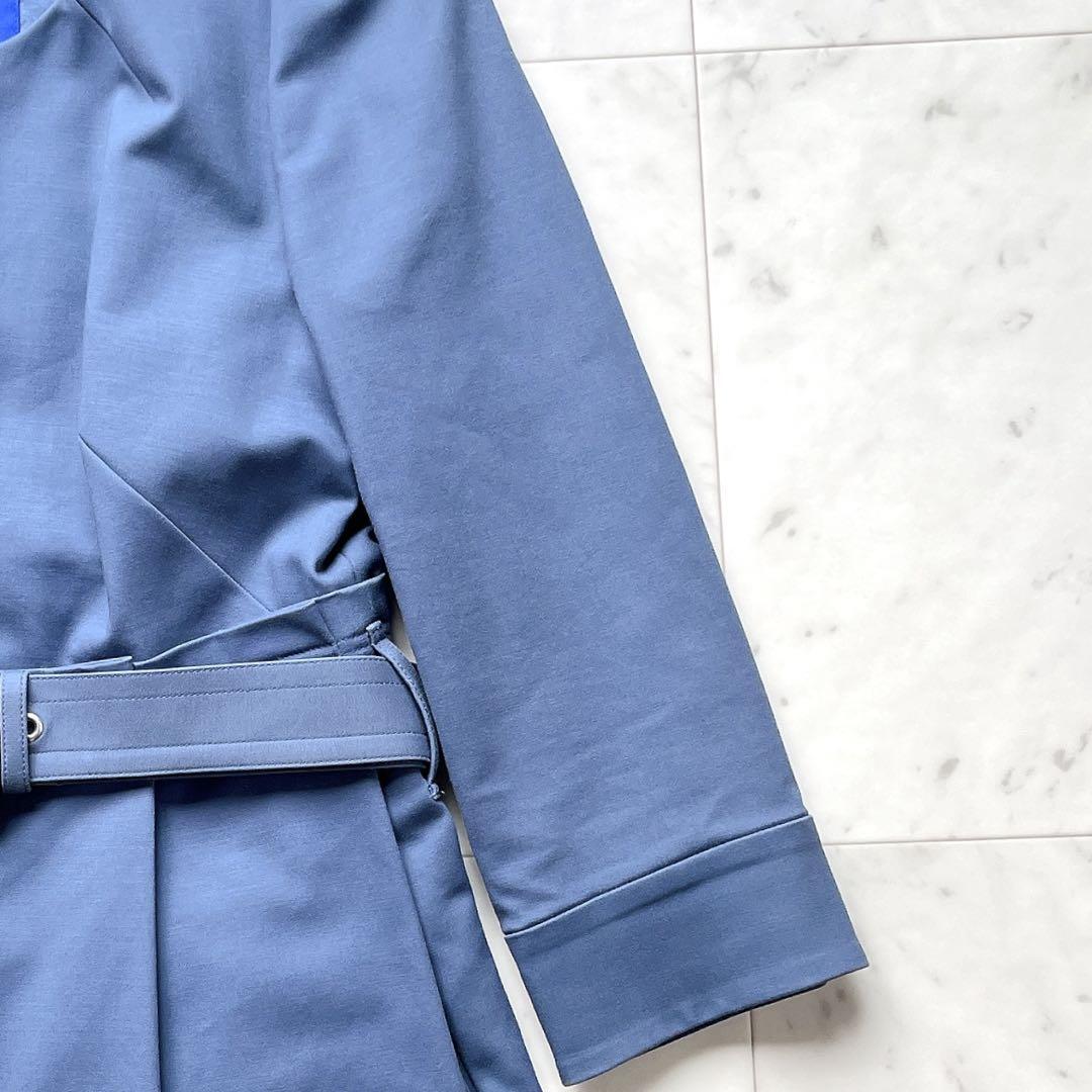 訳あり BURBERRY BLUE LABEL バーバリーブルーレーベル トレンチコート ノーカラー ウエストベルト プリーツ ロゴ ブルー 38_画像4