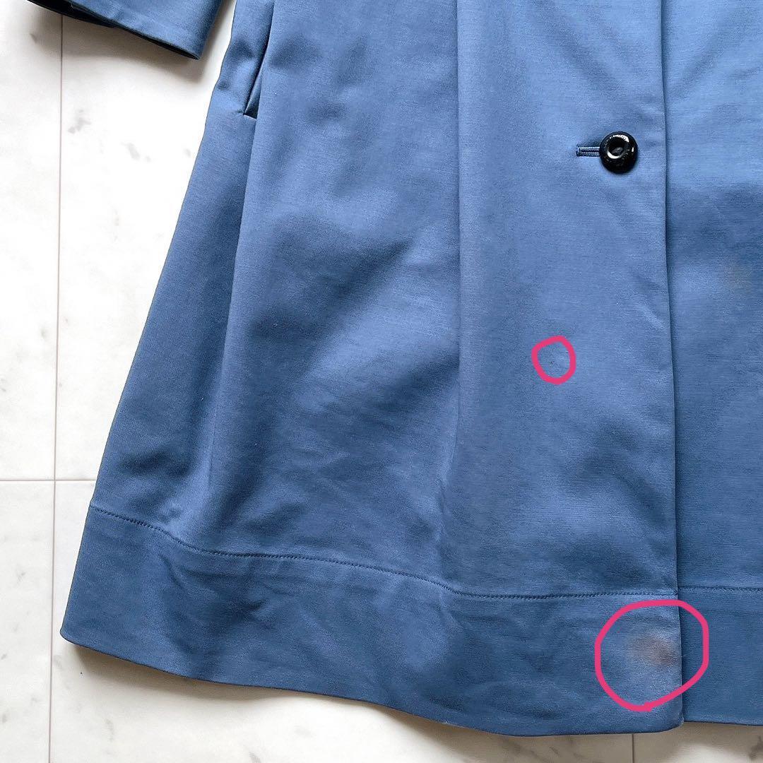 訳あり BURBERRY BLUE LABEL バーバリーブルーレーベル トレンチコート ノーカラー ウエストベルト プリーツ ロゴ ブルー 38_画像5