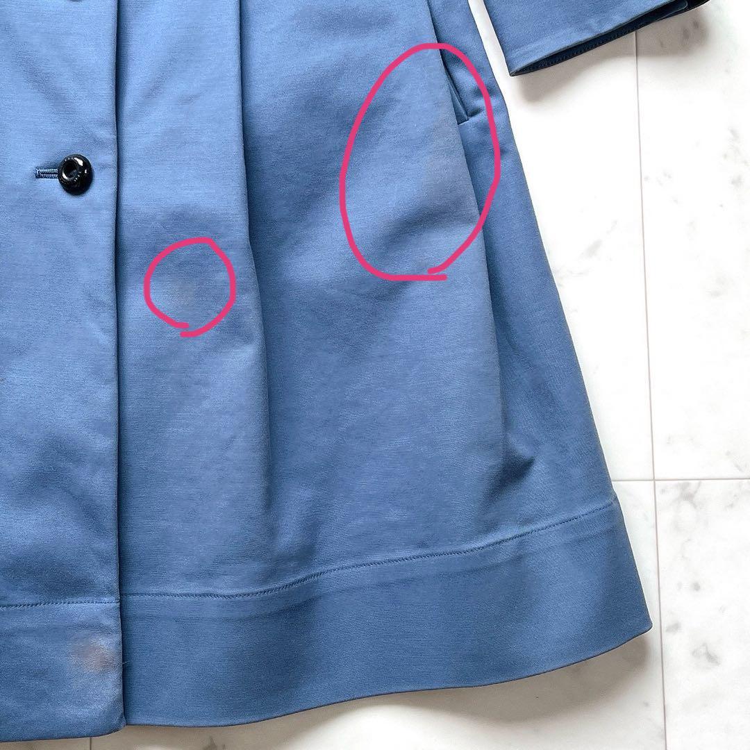 訳あり BURBERRY BLUE LABEL バーバリーブルーレーベル トレンチコート ノーカラー ウエストベルト プリーツ ロゴ ブルー 38_画像6