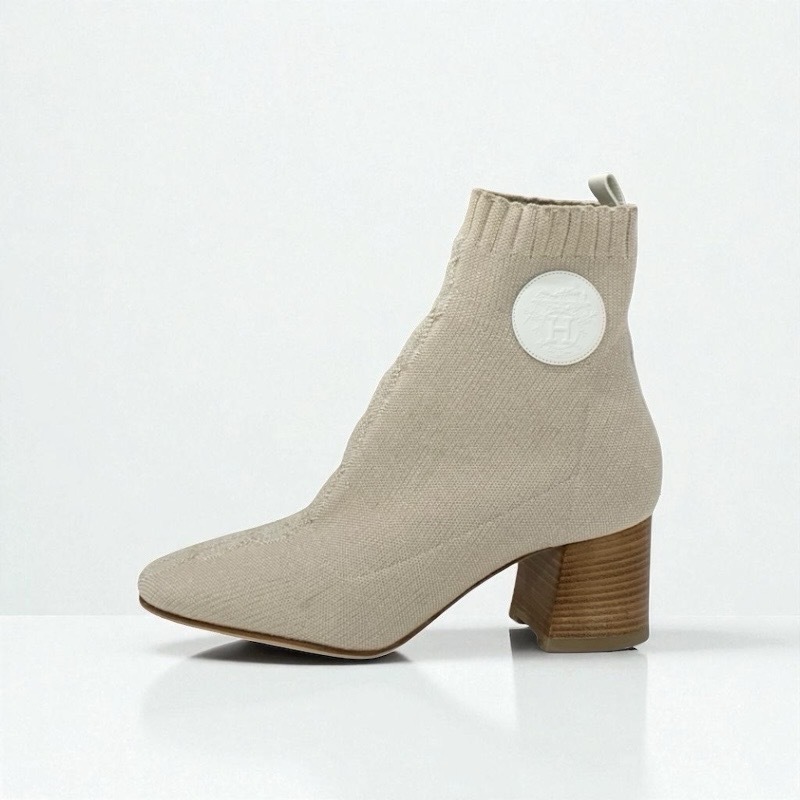 エルメス HERMES ヴォルヴェール ブーツ ショートブーツ 靴 シューズ ファブリック レザー ベージュ ニット エクスリブリス_画像3