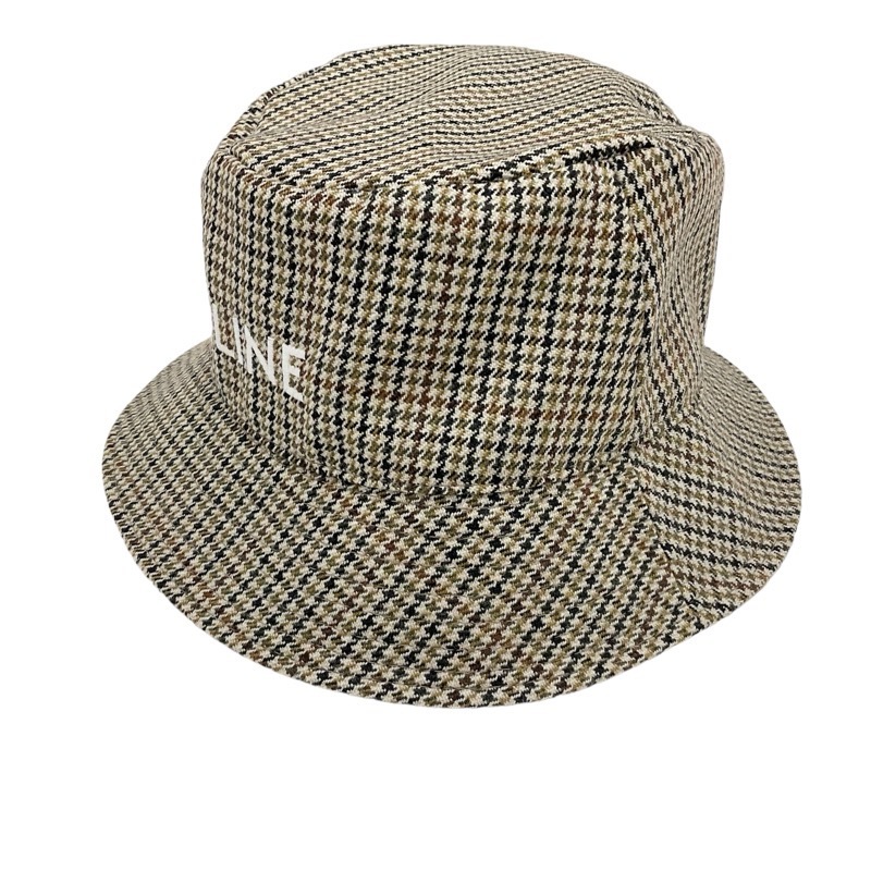 セリーヌ CELINE 帽子 ウール ブラウン系 ロゴ 千鳥格子 バケットハット_画像2