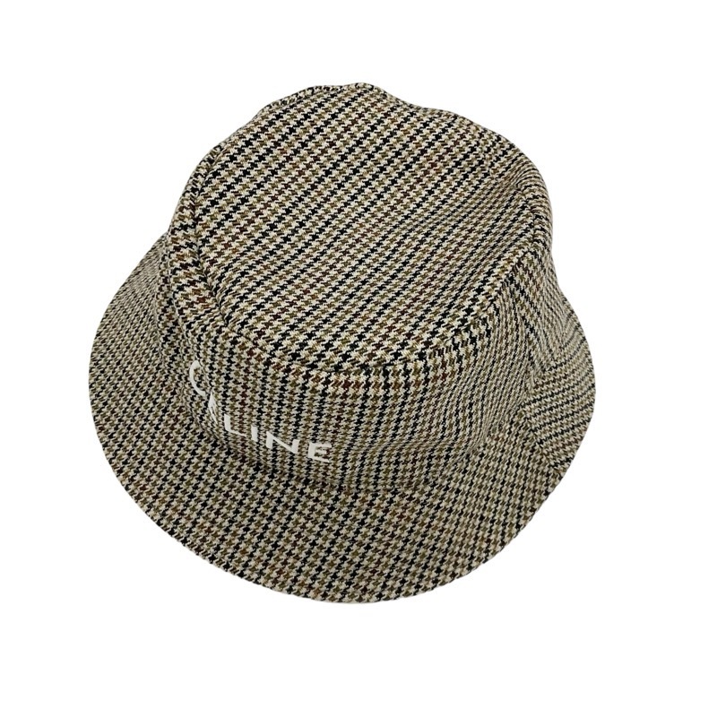 セリーヌ CELINE 帽子 ウール ブラウン系 ロゴ 千鳥格子 バケットハット_画像4