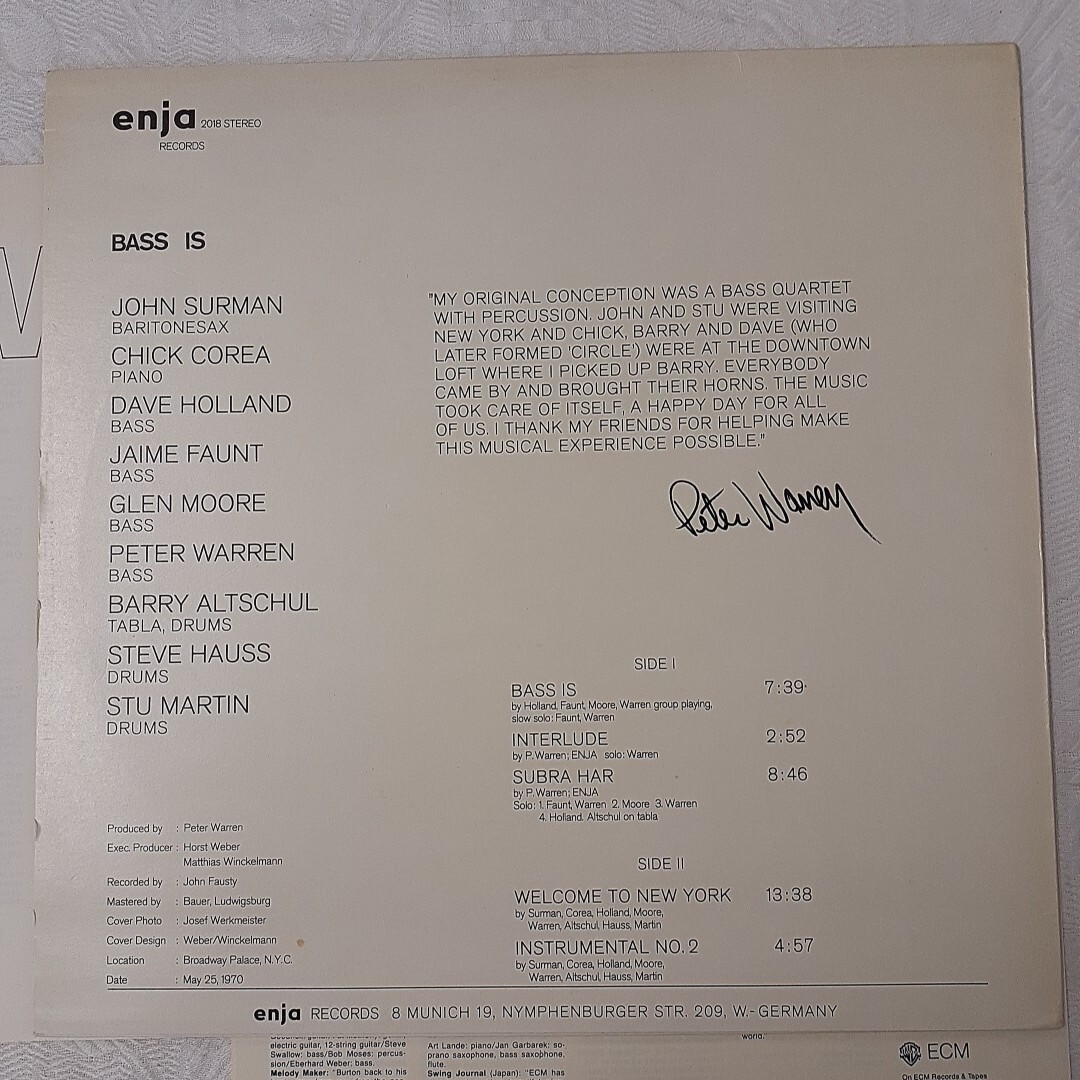 s626 BASS IS John Surman/Chick Corea/Dave Holland/Jame Faunt/Peter Warren/Barry Altschul/Steve Hauss他LPレコード 西独盤_画像2