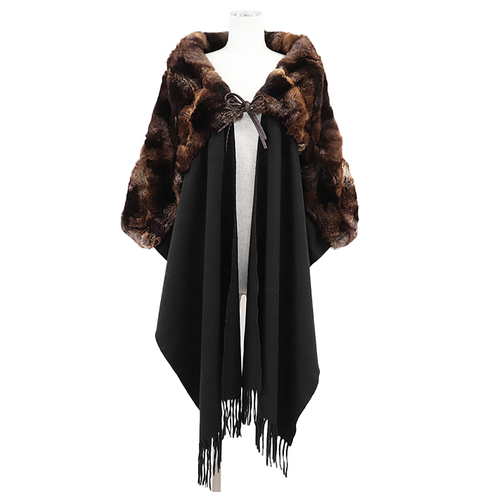 【美品】FENDI フェンディ キャンディストール ラパン リアルファー × カシミヤ100% フリンジ 小物 袋付属 ユニセックス 茶色系 黒_画像1