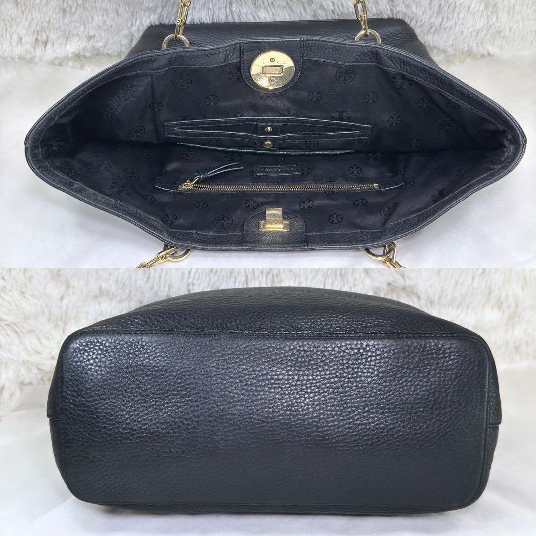 [ прекрасный товар ]TORY BURCH Tory Burch kila Turn блокировка большая сумка портфель кожа ручная сумка черный чёрный A4 возможно большая вместимость 