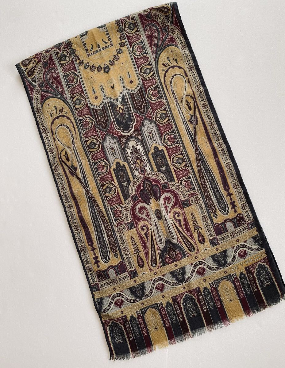 美品◆ETRO エトロ ペイズリー 総柄 ウール&シルク ストール マフラー レディース グリーン系 イタリア製_画像3