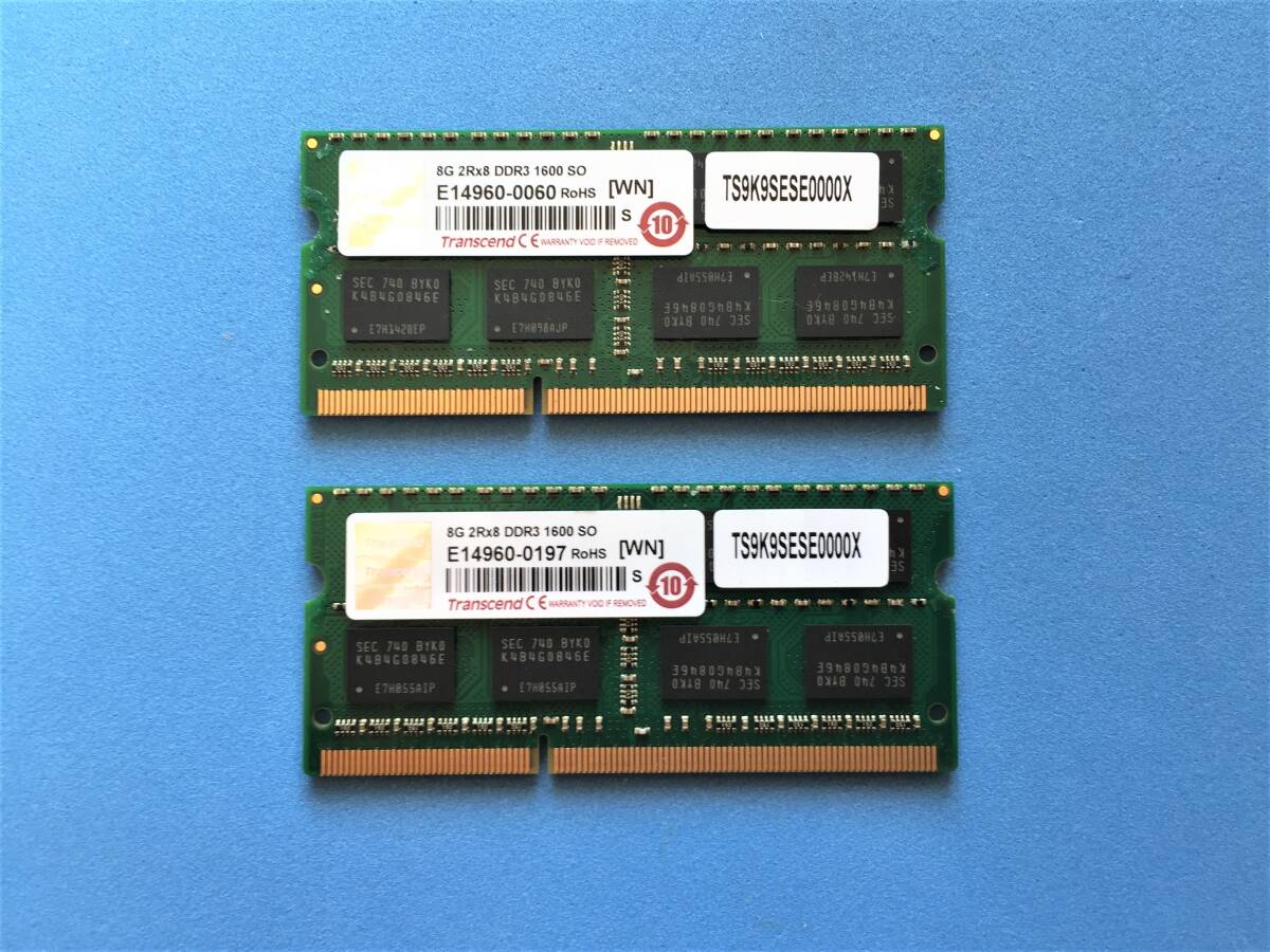 合計16G Transcend PC3-12800 DDR3-1600 8GBx2 204pin SO-DIMM Laptop Memory 動作確認済み_画像1