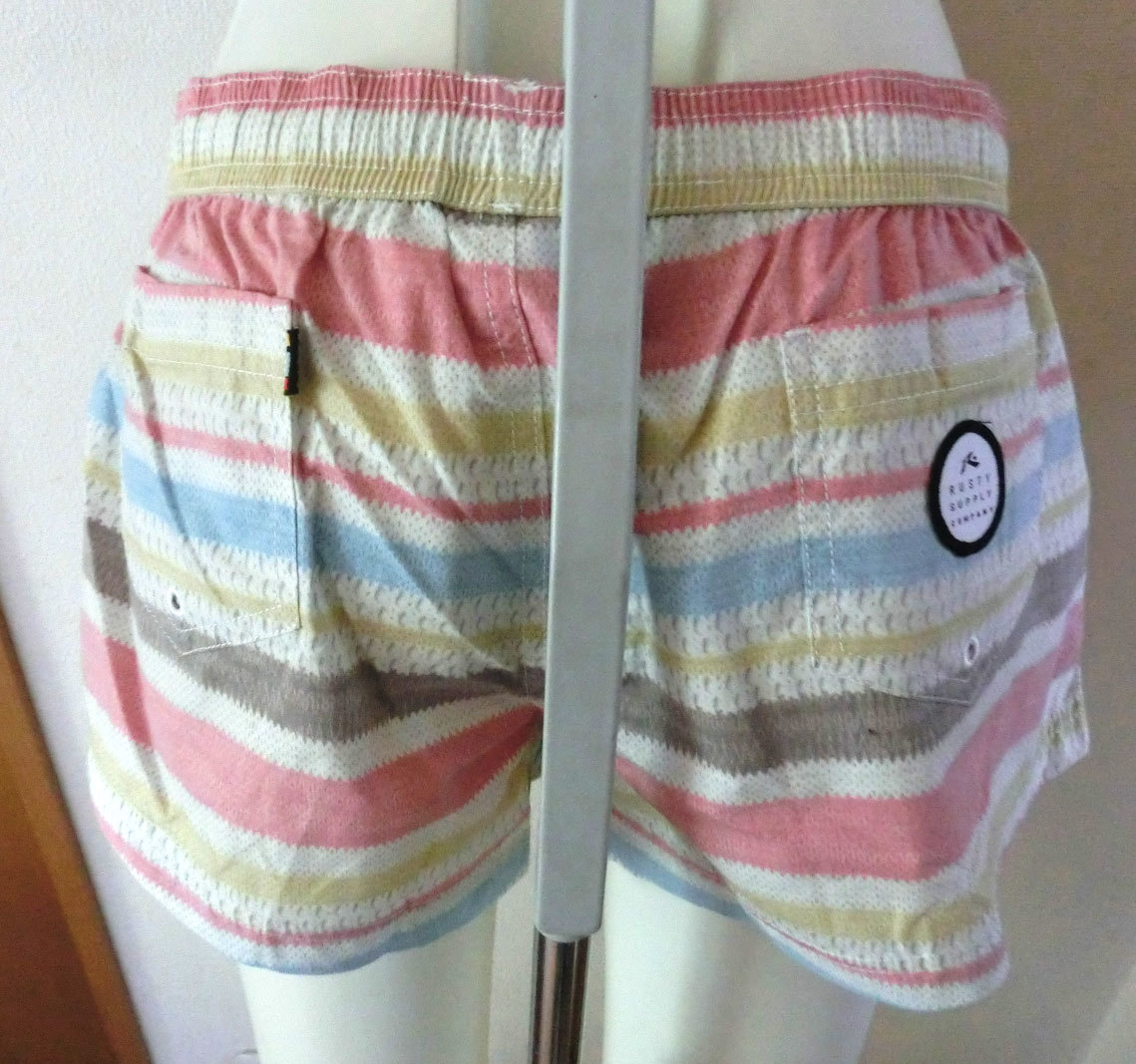 16 ピンク系?ボーダー柄 新品 RUSTY ラスティ 短パン レディース サーフパンツ ボードショーツ M 水着 ラッシュガードパンツ ランニング_画像6