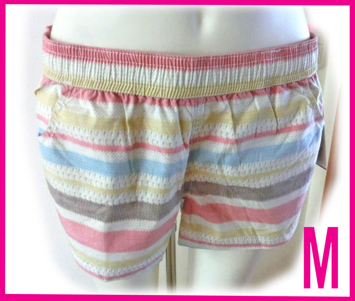 16 ピンク系?ボーダー柄 新品 RUSTY ラスティ 短パン レディース サーフパンツ ボードショーツ M 水着 ラッシュガードパンツ ランニング_画像1