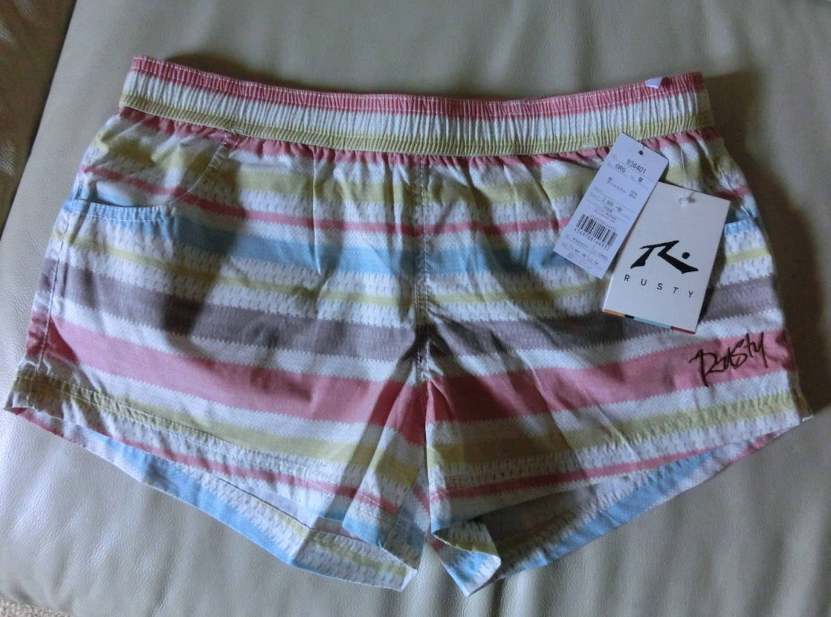 16 ピンク系?ボーダー柄 新品 RUSTY ラスティ 短パン レディース サーフパンツ ボードショーツ M 水着 ラッシュガードパンツ ランニング_画像7