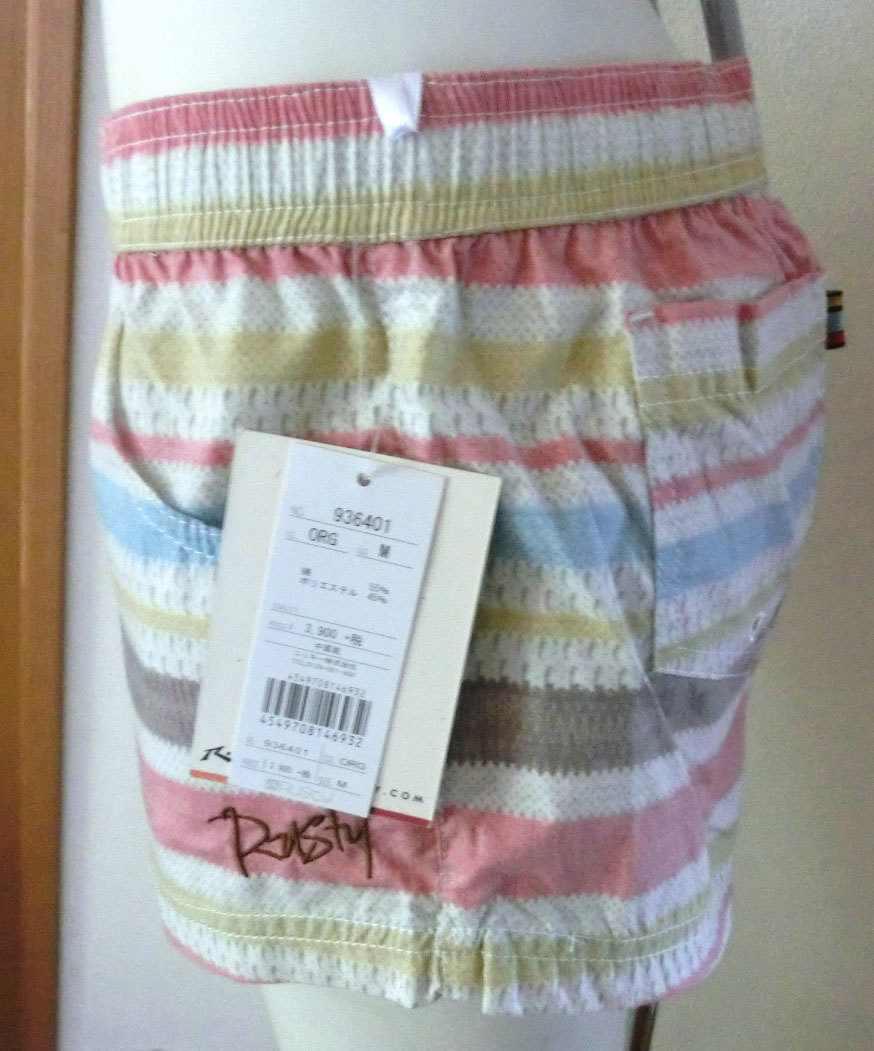 16 ピンク系?ボーダー柄 新品 RUSTY ラスティ 短パン レディース サーフパンツ ボードショーツ M 水着 ラッシュガードパンツ ランニング_画像4