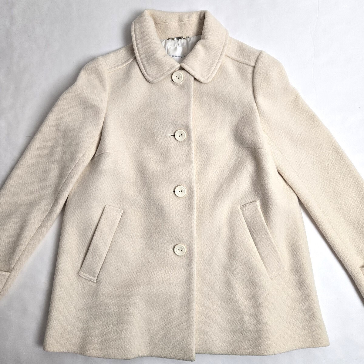 組曲 KUMIKYOKU ウール100％ ステンカラーコート ハーフ丈 アウター 3 アイボリー オンワード樫山 l1025-5_画像4