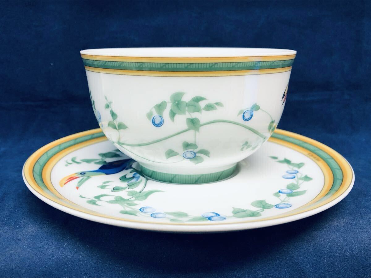 HERMES エルメス トゥカン カップ＆ソーサー 食器 鳥 ホワイト×グリーン×イエロー ヒビあり 中古 現状品 同梱可_画像2