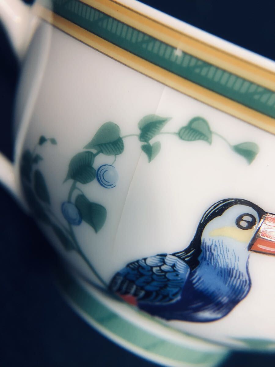 HERMES エルメス トゥカン カップ＆ソーサー 食器 鳥 ホワイト×グリーン×イエロー ヒビあり 中古 現状品 同梱可_画像8