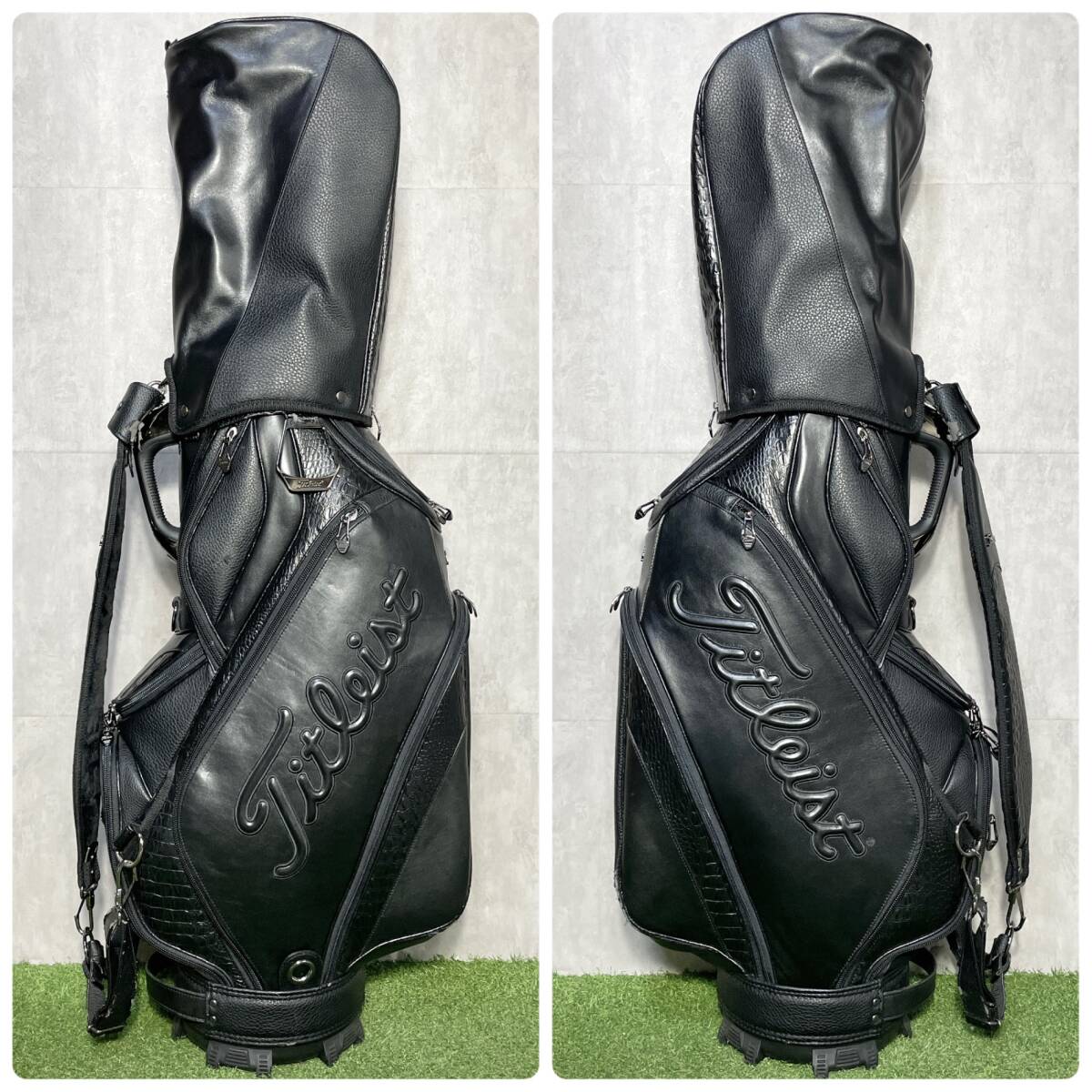 Titleist BLACK LIMITED タイトリスト ブラックリミテッド キャディバッグ ゴルフバッグ 黒 本革 最高級品 3点式 クロコ調 入手困難品_画像6