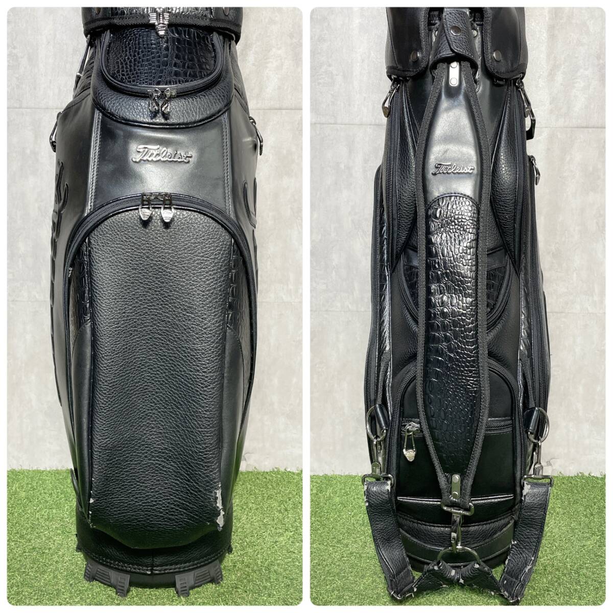 Titleist BLACK LIMITED タイトリスト ブラックリミテッド キャディバッグ ゴルフバッグ 黒 本革 最高級品 3点式 クロコ調 入手困難品_画像7