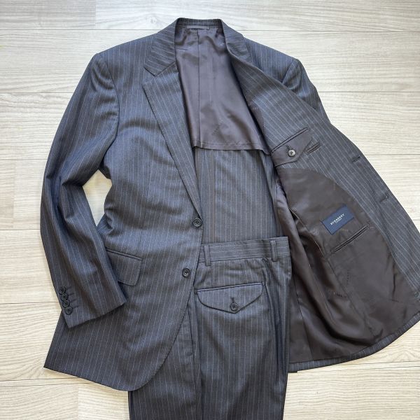 【BURBERRY】 バーバリー ロンドン イタリア製生地 AB5 (Lサイズ程度) グレー ストライプ柄 スーツ セットアップ ウール 2B メンズ_画像1
