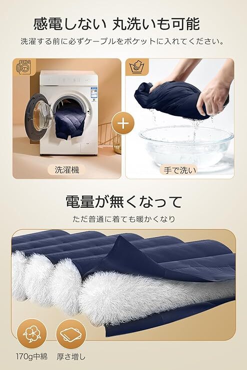 電熱ベスト 35000mAh大容量バッテリー付き 17箇所発熱 加熱ベスト 前後独立スイッチ 3段階温度調節 ヒートジャケット ネイビー Lサイズ_画像3