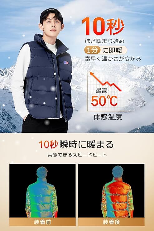 電熱ベスト 35000mAh大容量バッテリー付き 17箇所発熱 加熱ベスト 前後独立スイッチ 3段階温度調節 ヒートジャケット ネイビー Lサイズ_画像5