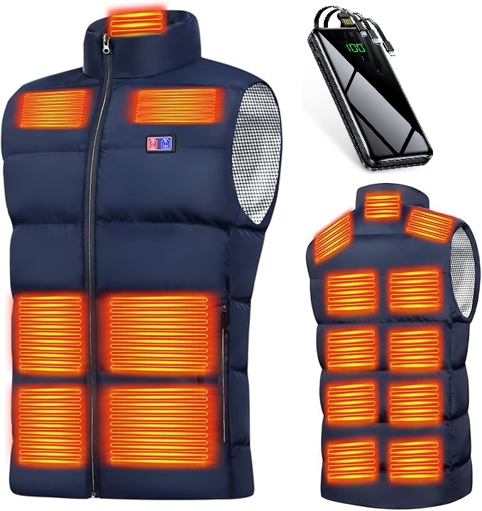 電熱ベスト 35000mAh大容量バッテリー付き 17箇所発熱 加熱ベスト 前後独立スイッチ 3段階温度調節 ヒートジャケット ネイビー Lサイズ_画像1