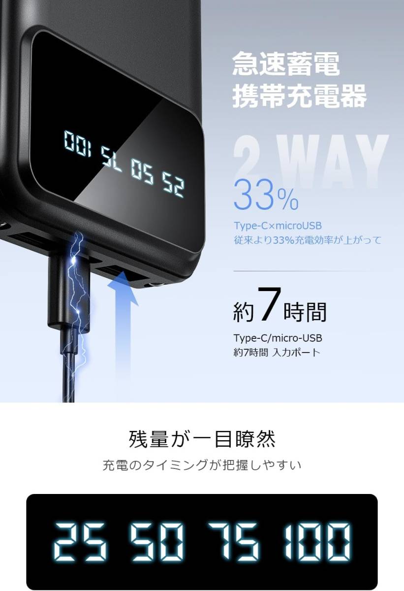 モバイルバッテリー 大容量 40000mAh 急速充電 スマホ充電器 LCD残量表示 2台同時充電 最大2.1A出力 携帯充電器 LEDライト付き _画像3