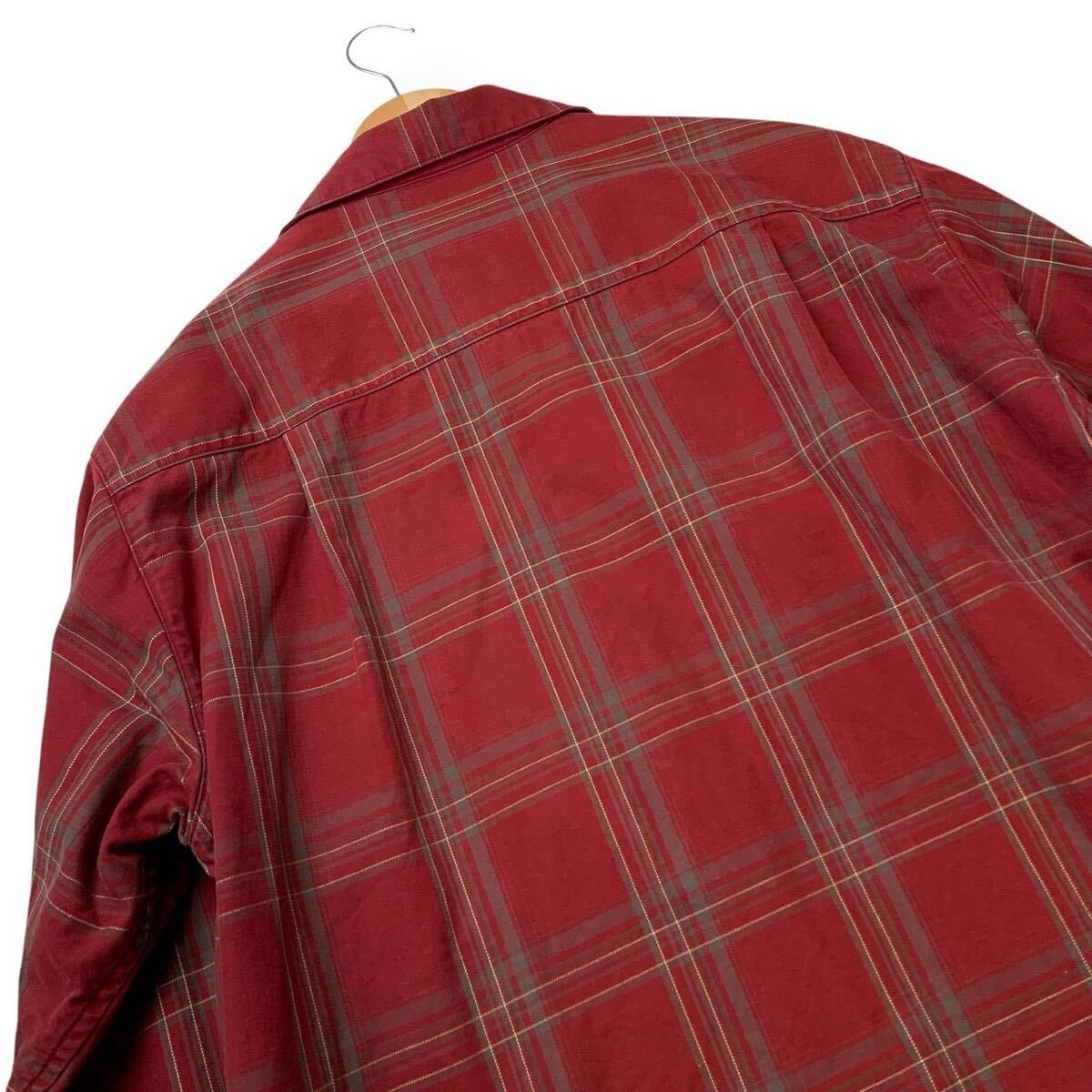 【美品】Papas パパス シャツジャケット メンズ 長袖 開襟 オープンカラー チェック柄 レッド デニム メンズ 50サイズ(XL相當(dāng))