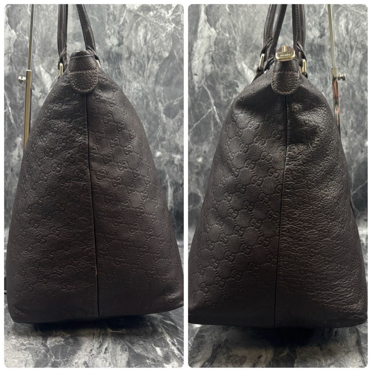 【極美品】 GUCCI グッチ シマ トートバッグ ビジネス　メンズ レザー 本革 A4 大容量 肩掛け ボストンバッグ エンボス 型押し　201482_画像4