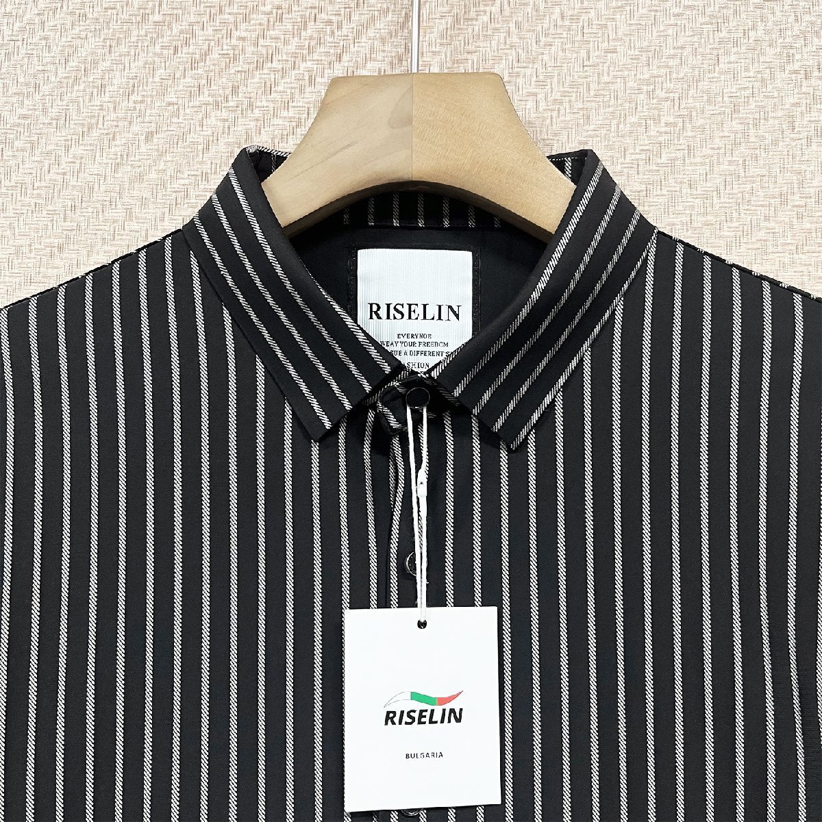 高級ヨーロッパ製※定価4万◆ブルガリア発※RISELIN 長袖 シャツ シルク混 柔らか ストライプ柄 開襟シャツ カジュアル フォーマル M/46_画像4