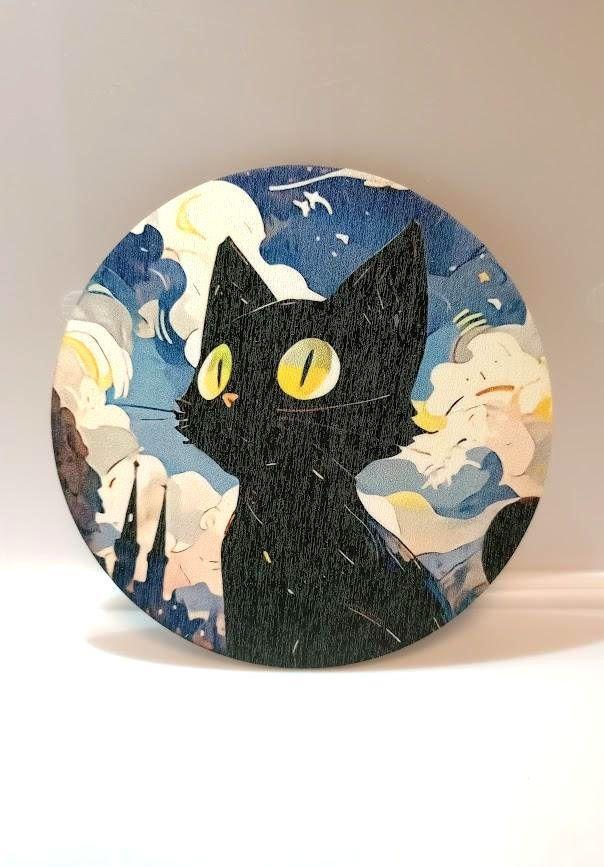 夜空と黒猫 B木製コースター_画像1