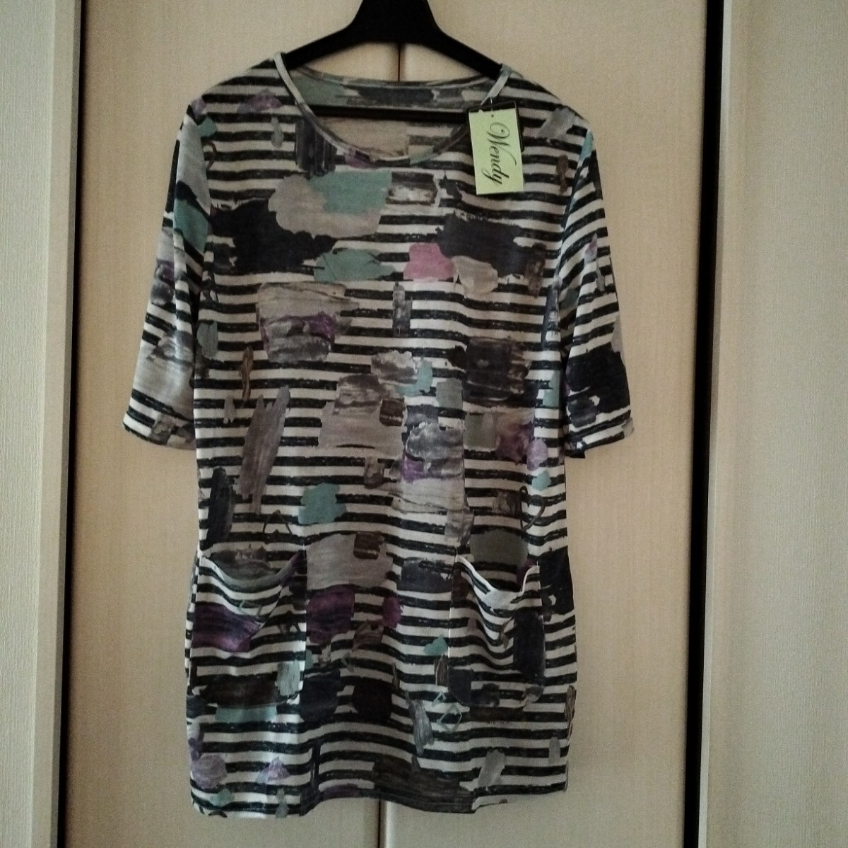 【LLサイズ】新品 Wendy 半袖 チュニック カットソー 関西ファッション連合 レディース トップス ミセス ゆったり ポケット M105 ボーダー_画像1