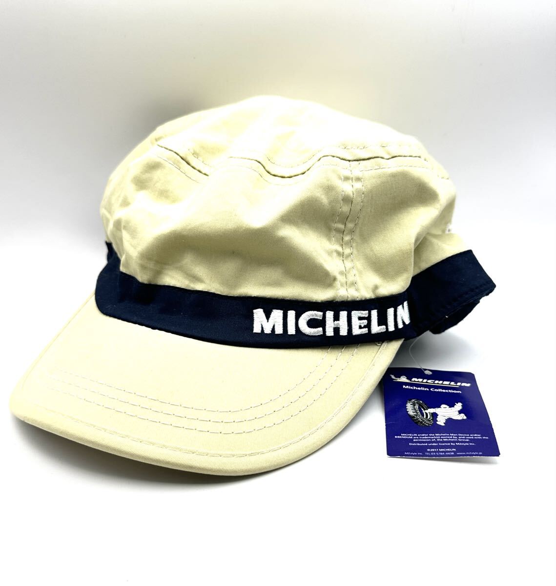7-18 未使用 MICHELIN ミシュラン ツイル ワーク キャップ 帽子 ベージュ ネイビー ワッペン _画像1