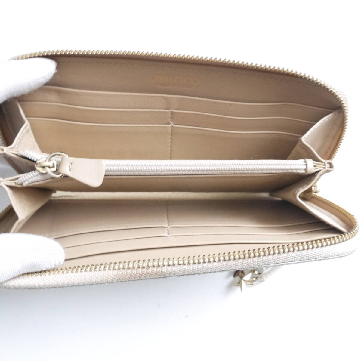 $ 美品 $ ◆ JIMMY CHOO ◆ ジミーチュウ ◆ 星 スター モチーフ スタッズ付き グリッター レザー◆ ラウンドファスナー 長財布◆ ゴールド_画像8