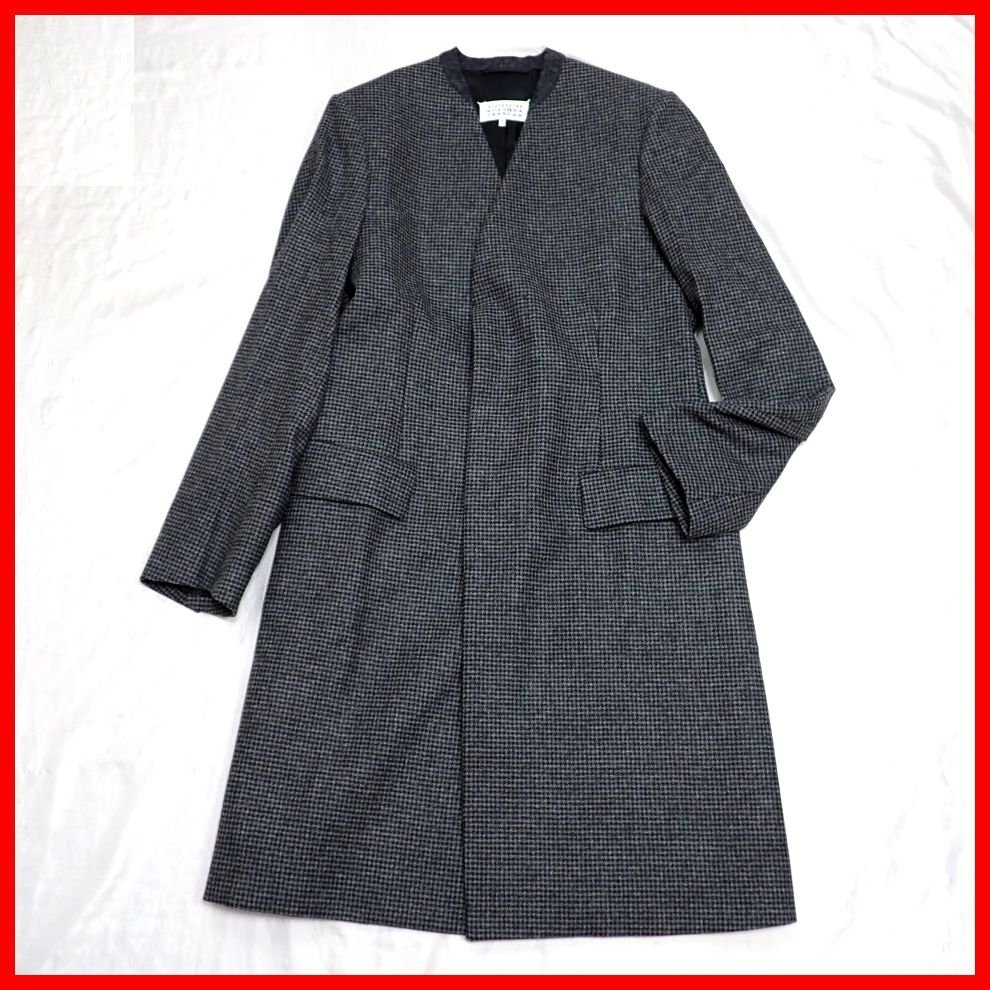 ★未使用 Maison Margiela/メゾンマルジェラ ノーカラーコート 44/メンズS相当/ダークグレー系/千鳥格子柄/ウール100%&0473800030_画像1