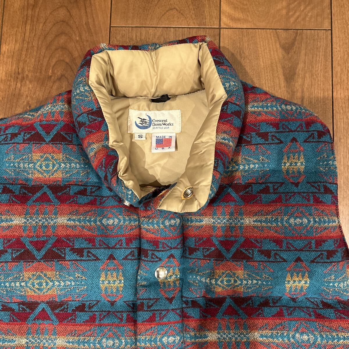 Crescent Down Works Italian Down Vest Turquoise Pendleton Wool Face Beige Streakfree Nylon Back USA製 S クレセントダウンベスト_画像2
