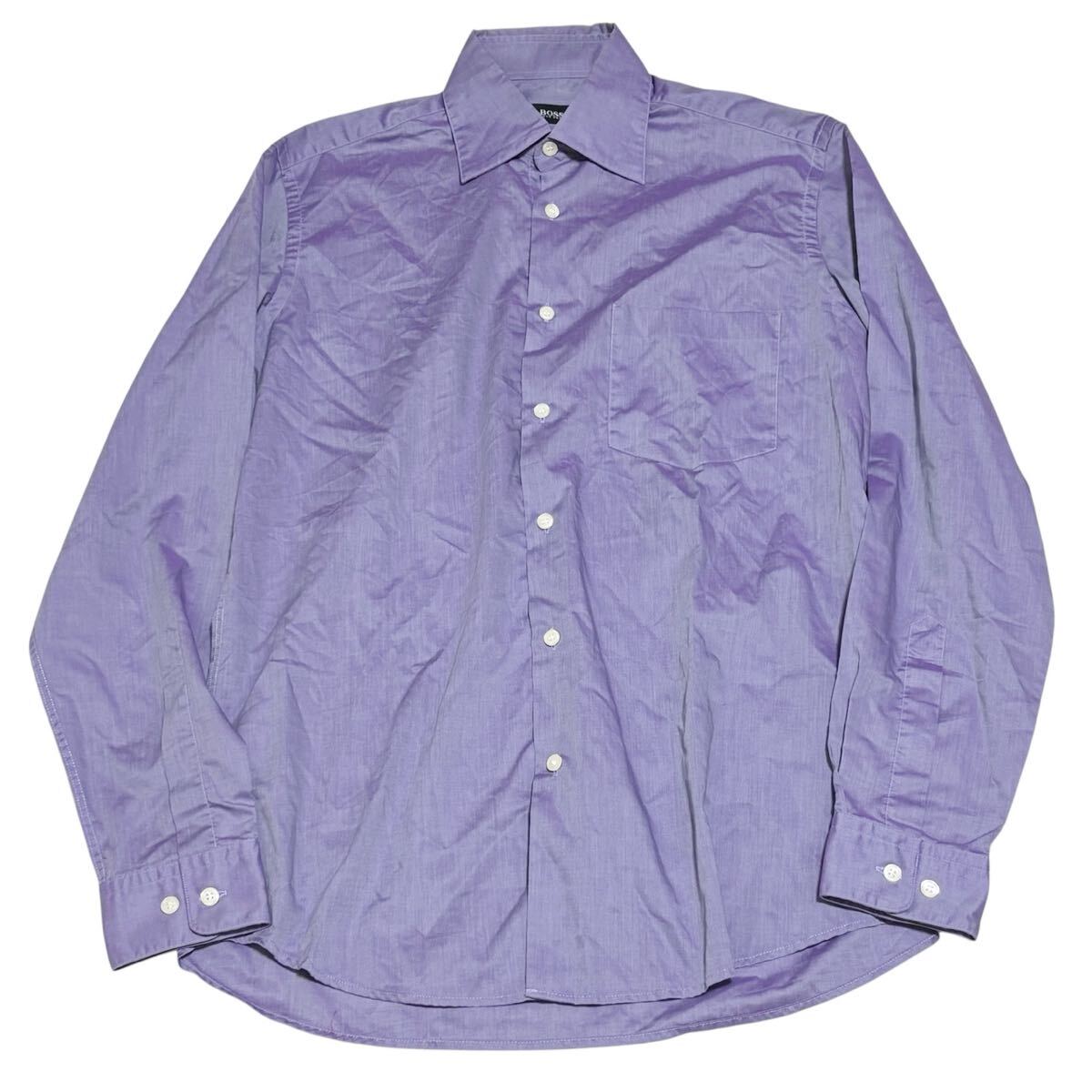 HUGO BOSS ヒューゴボス ドレスシャツ 38/15 Mサイズ相当 パープル 紫 サテン調 コットン 綿 長袖シャツ_画像1