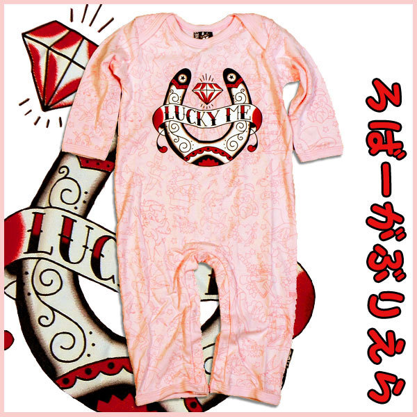 ベビー服【ロンパース】LUCKY ME ピンク【3～6ヶ月】シックスバニーズ 女の子 タトゥー柄 アメカジ 出産祝い アメリカン ロック 赤ちゃん_画像1