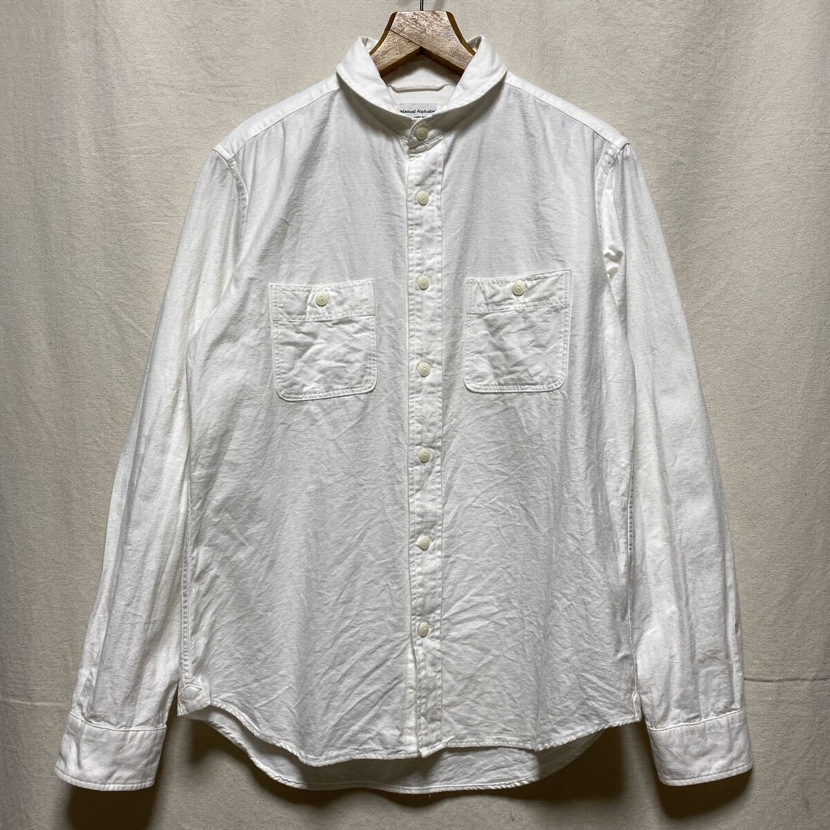 manual alphabet 無地ネル　ショールカラーシャツ　ホワイト　2 無地　長袖シャツ　コットン　 白シャツ　マニュアルアルファベット_画像2
