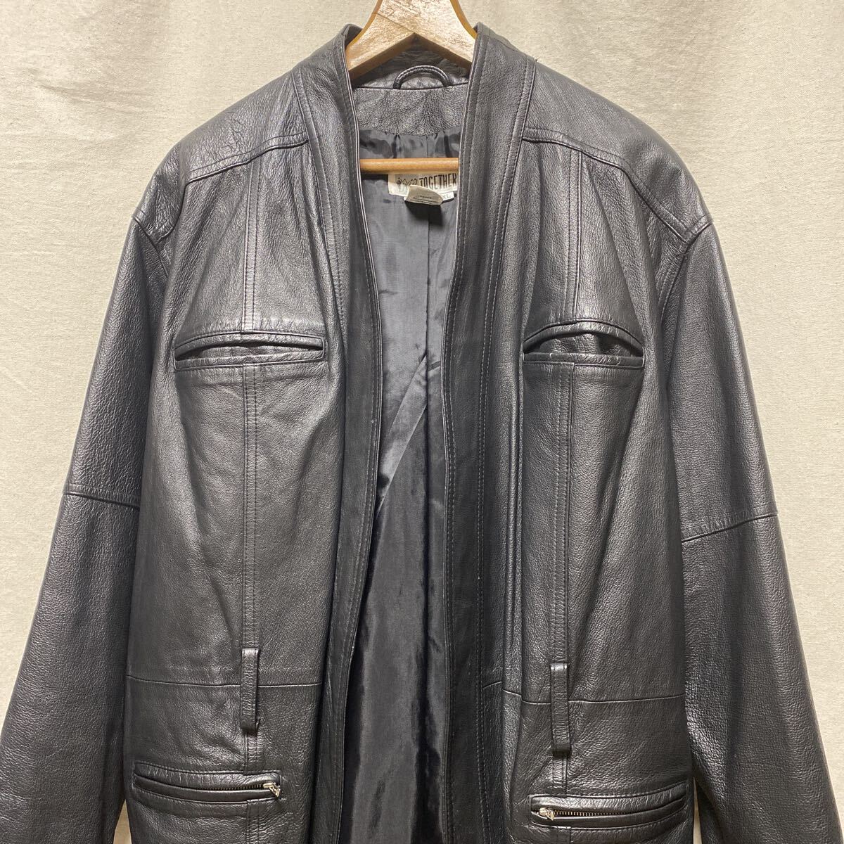 珍品　オールド　ノーカラー　レザージャケット　ブラック　XL 90s 00s 古着　ヴィンテージ　TOGETHER レザーカーディガン　黒　本革　_画像1