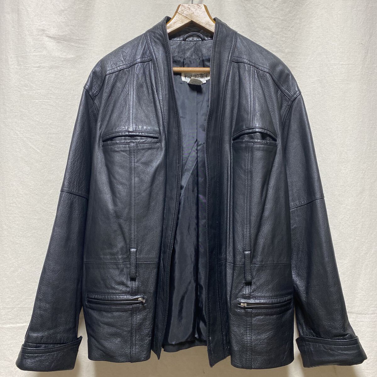 珍品　オールド　ノーカラー　レザージャケット　ブラック　XL 90s 00s 古着　ヴィンテージ　TOGETHER レザーカーディガン　黒　本革　_画像2