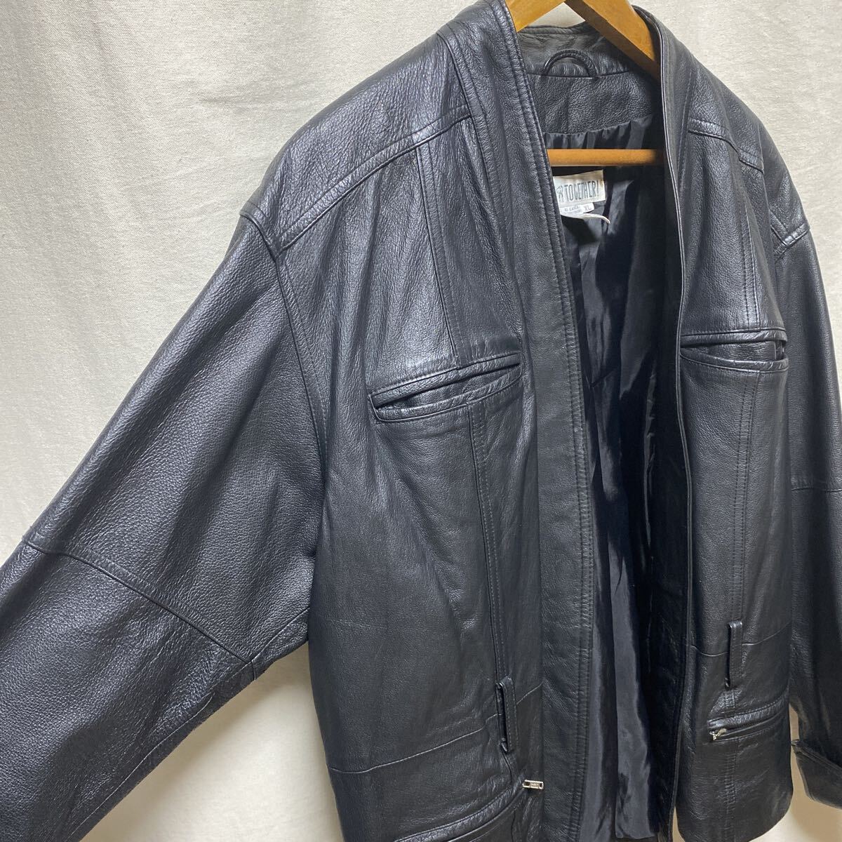 珍品　オールド　ノーカラー　レザージャケット　ブラック　XL 90s 00s 古着　ヴィンテージ　TOGETHER レザーカーディガン　黒　本革　_画像6