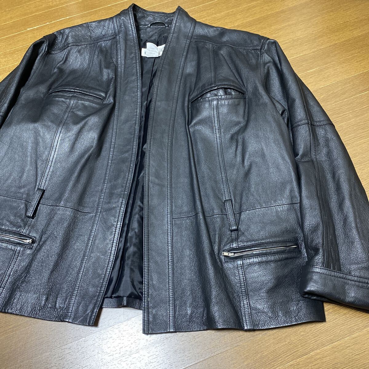 珍品　オールド　ノーカラー　レザージャケット　ブラック　XL 90s 00s 古着　ヴィンテージ　TOGETHER レザーカーディガン　黒　本革　_画像8