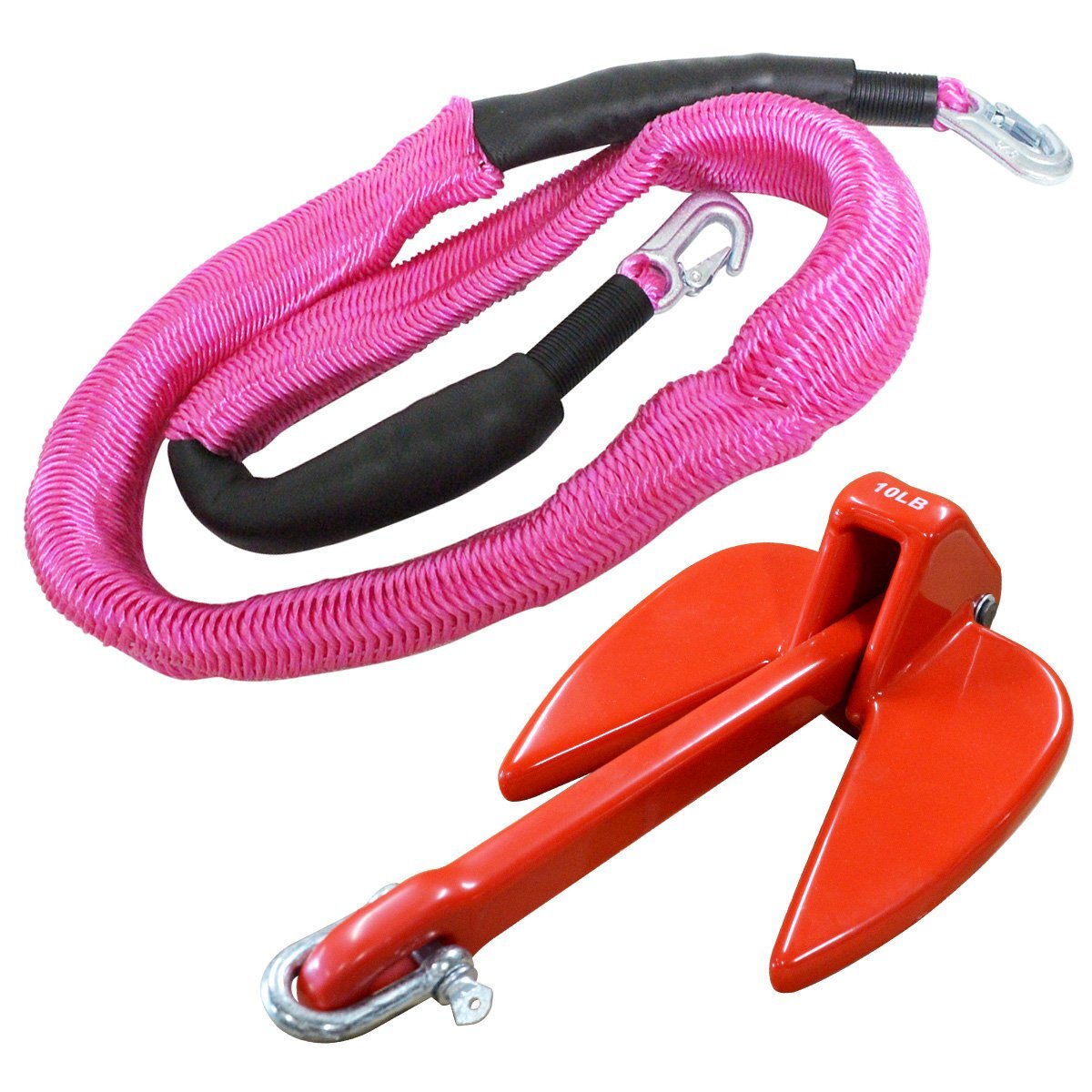 【送料無(wú)料】『伸縮ロープ/アンカーセット』爪型 アンカー 10LBS 4.5kg 赤 レッド 6M フロート のびのび アンカー ロープ ピンク