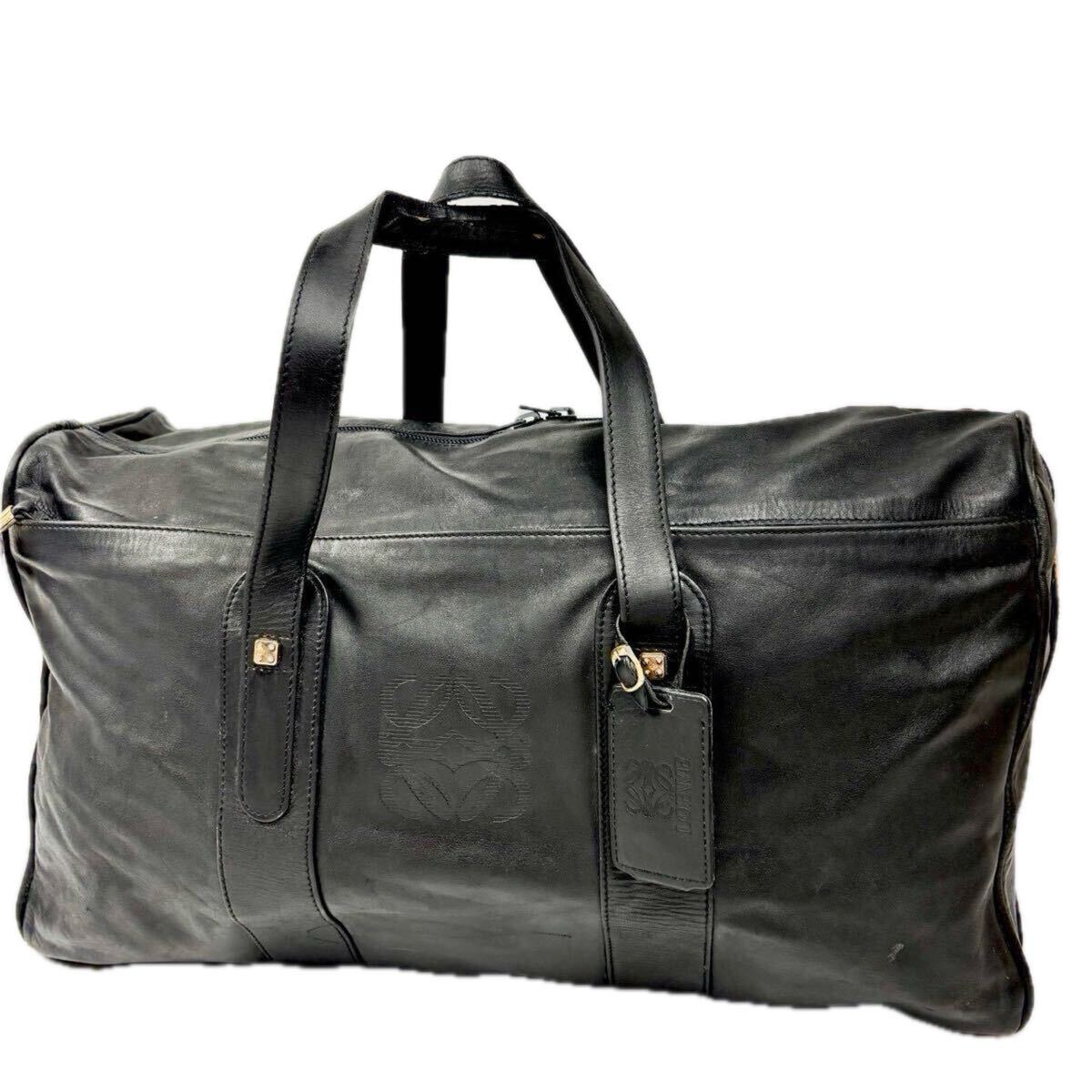 LOEWE ロエベ ブラック 黒 ボストンバッグ 大容量 ビジネス トラベルバッグ 出張 旅行 鞄 カバン ヴィンテージ レザー アナグラム ロゴ_画像1