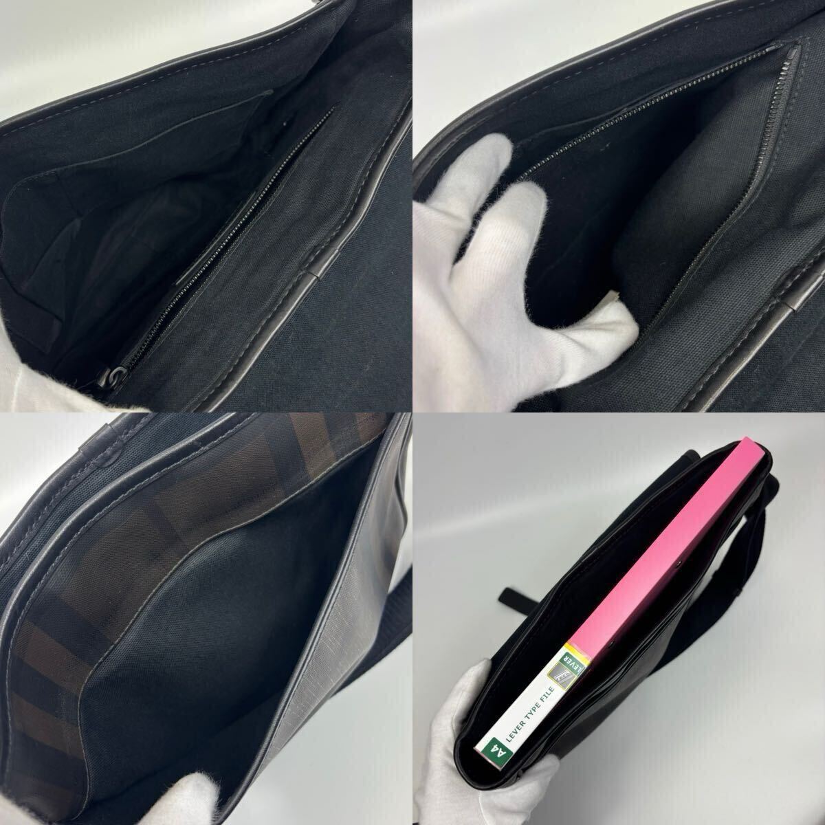 BURBERRY バーバリー ショルダーバッグ A4 ブラック 黒 レザー PVC メッセンジャーバッグ 斜め掛け フラップ メンズ ノバチェック_画像9