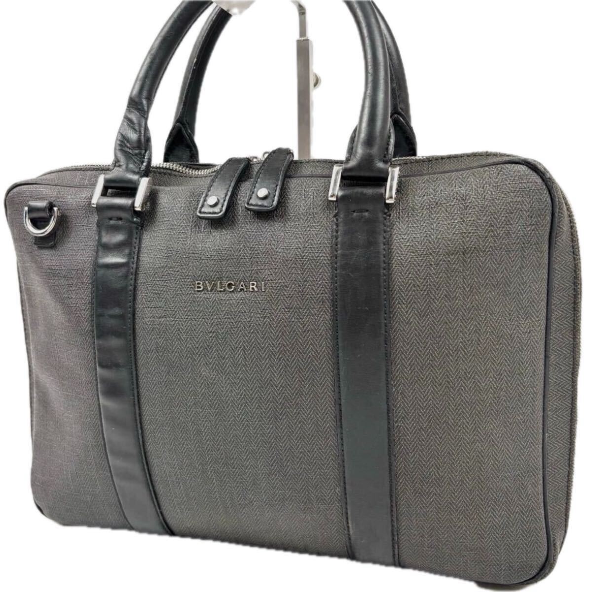 BVLGARI ブルガリ ウィークエンド ビジネスバッグ ブリーフケース トートバッグ ブラック グレー A4 PVC レザー ヘリンボーン ロゴ_画像1